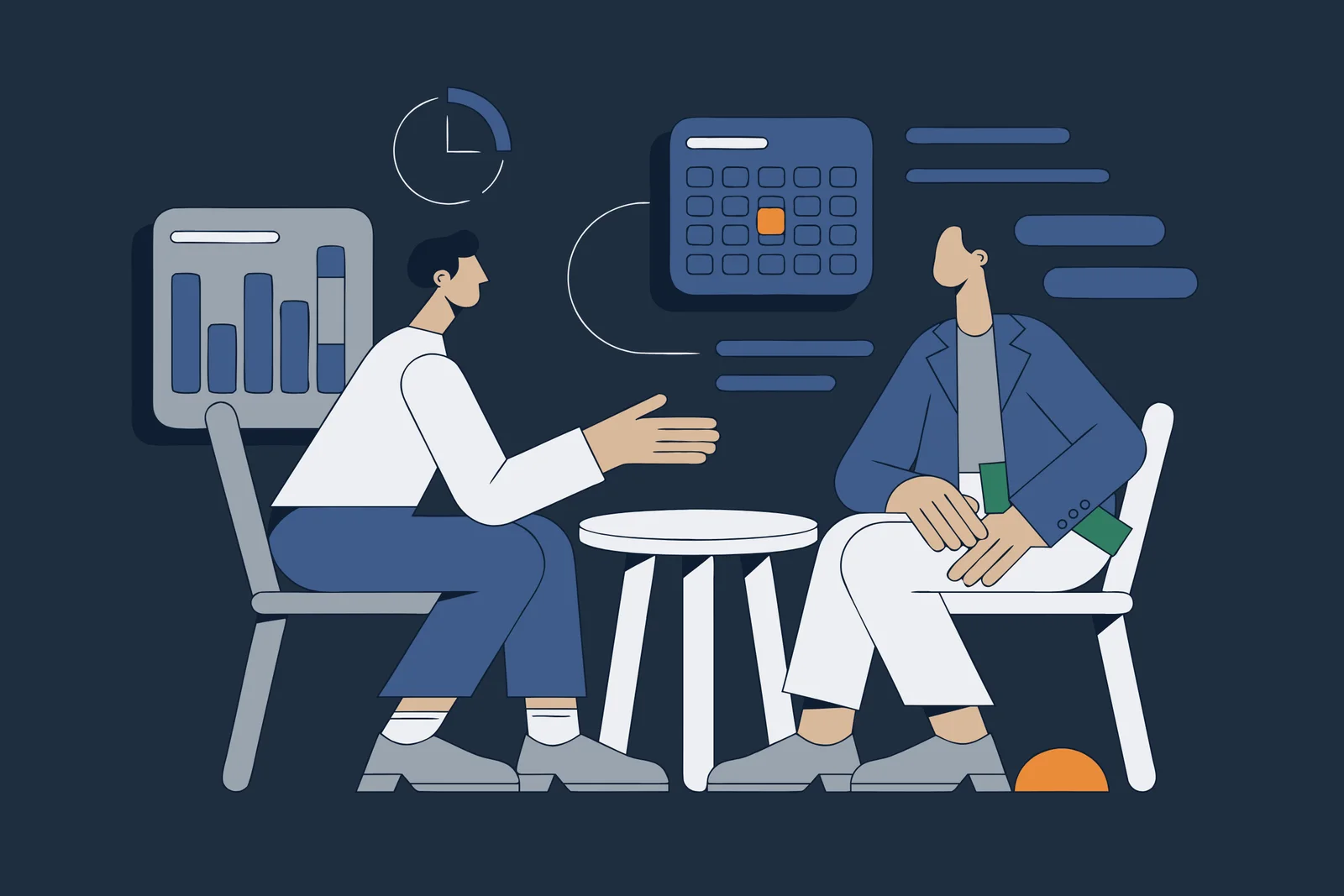 Illustration of two people seated across a small table in conversation, with a clock and a calendar behind them
