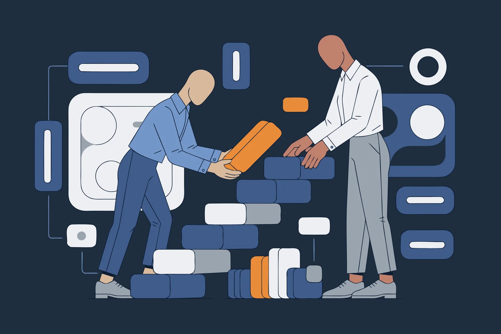 Illustration of two people assembling modular blocks into a rising stepped path, one placing a distinct orange block