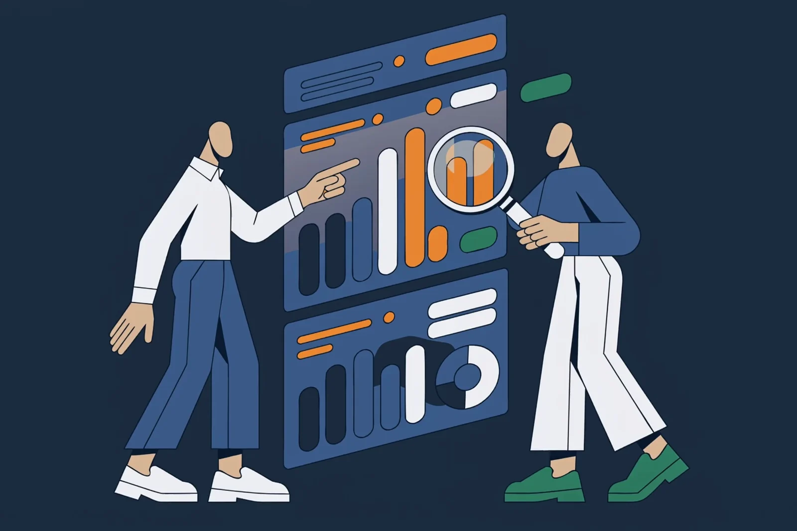 Illustration of two people examining a layered financial dashboard, one pointing at a bar chart and one holding a magnifying glass over it
