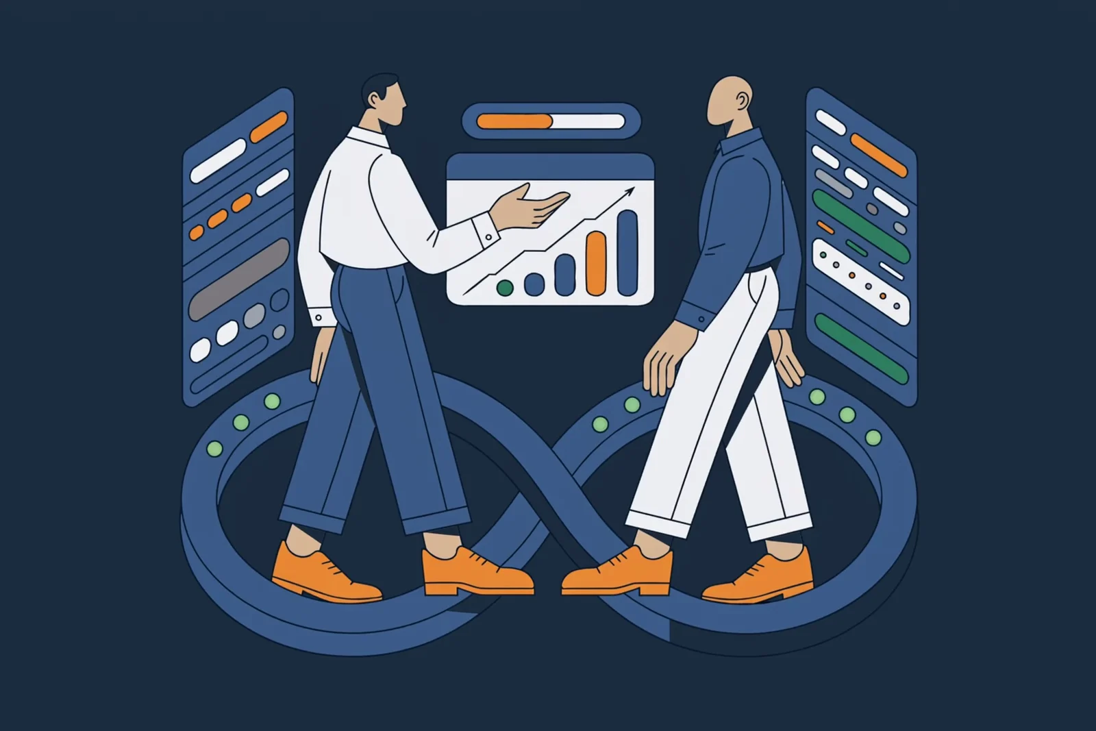 Illustration of two people walking an unbroken infinity-shaped loop dotted with status lights, beside a chart showing steady growth